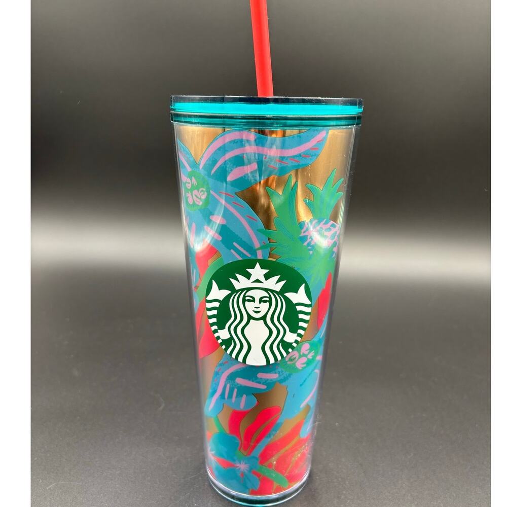 Starbucks 24 oz Reusable Cold Cup Tumbler Tropical Floral Teal Lid Straw
